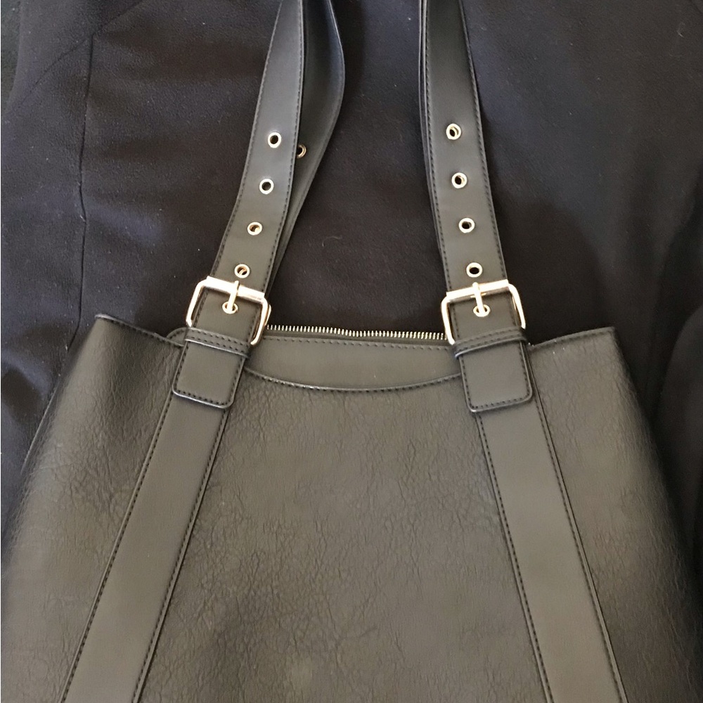 Black Faux Leather Tote Bag with Adjustable Straps